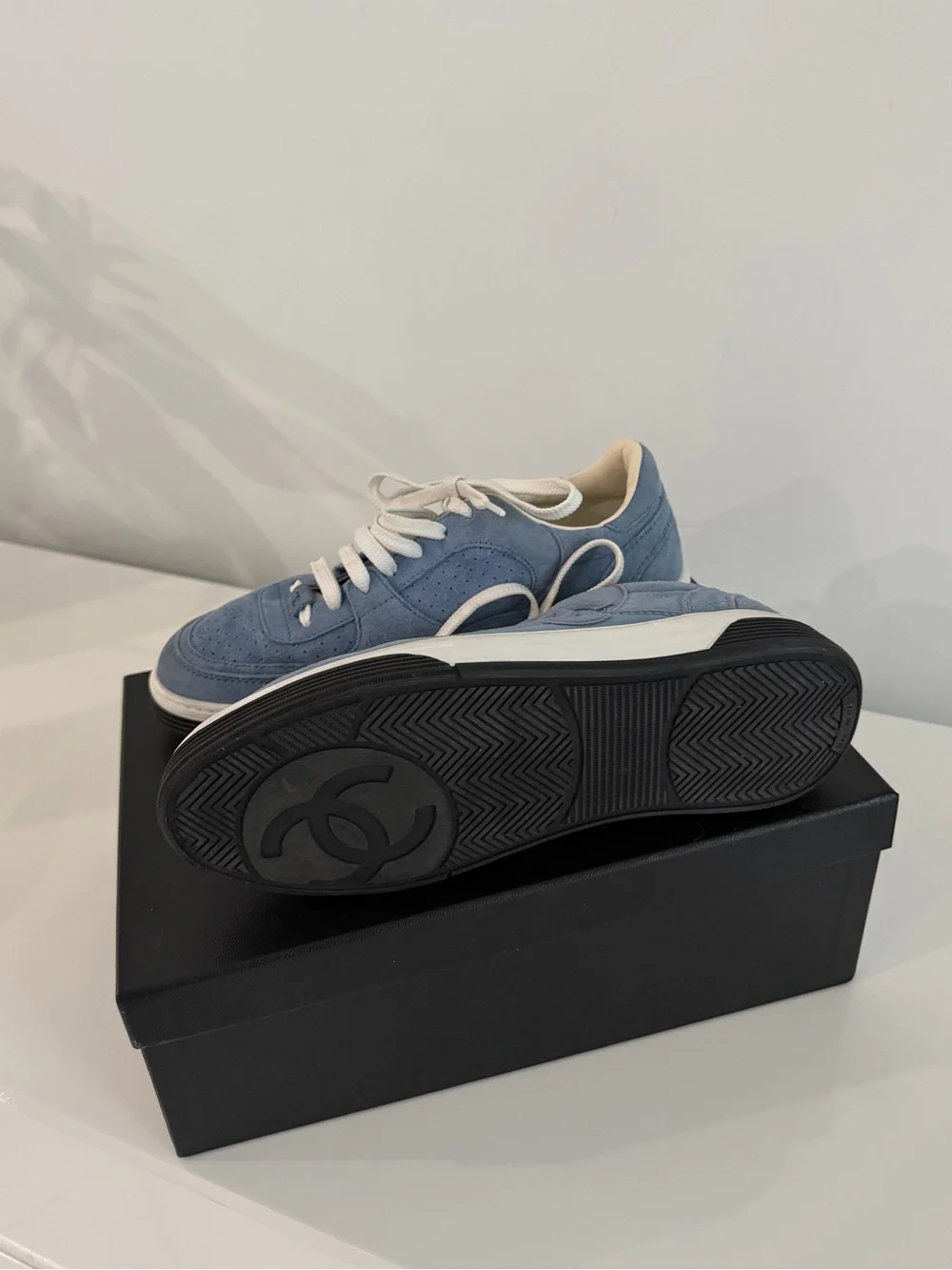 CHANEL Dusty Blue Suede Low-Top Sneakers with White Laces